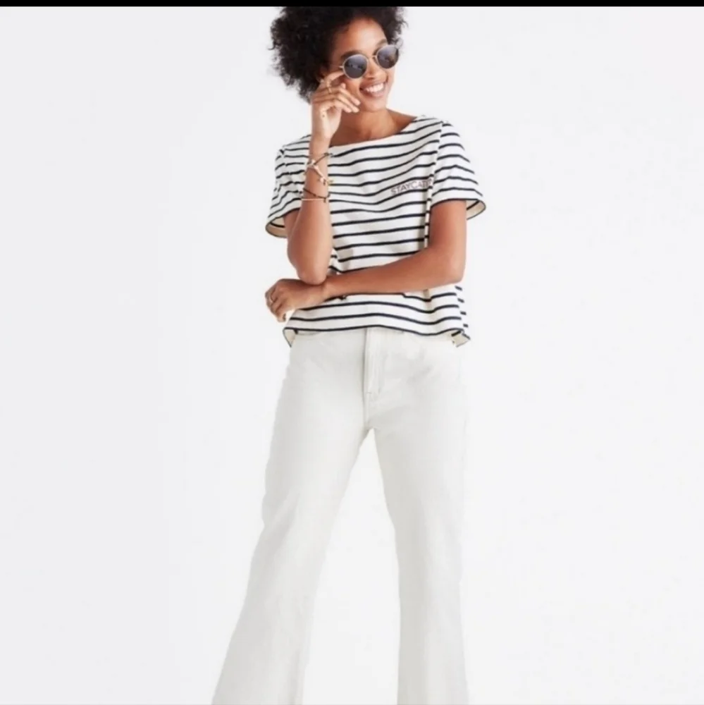 MADEWELL Staycation Embroidered Boxy Blue Ecru Stripe Tee NWT - Picture 4 of 11